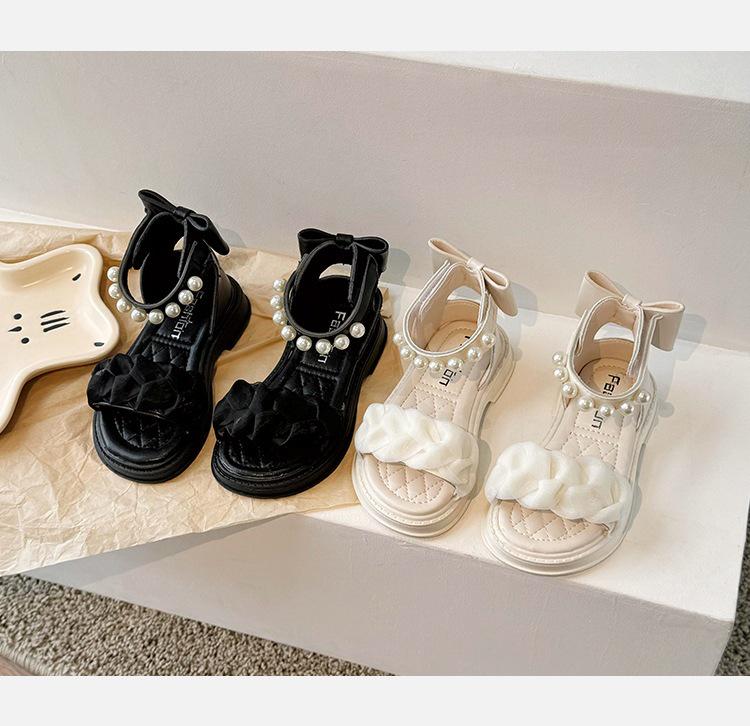Girls' 2026 Summer Princess Sandals with Pearls & Bows – Stylish Roman Beach Shoes for Older Children