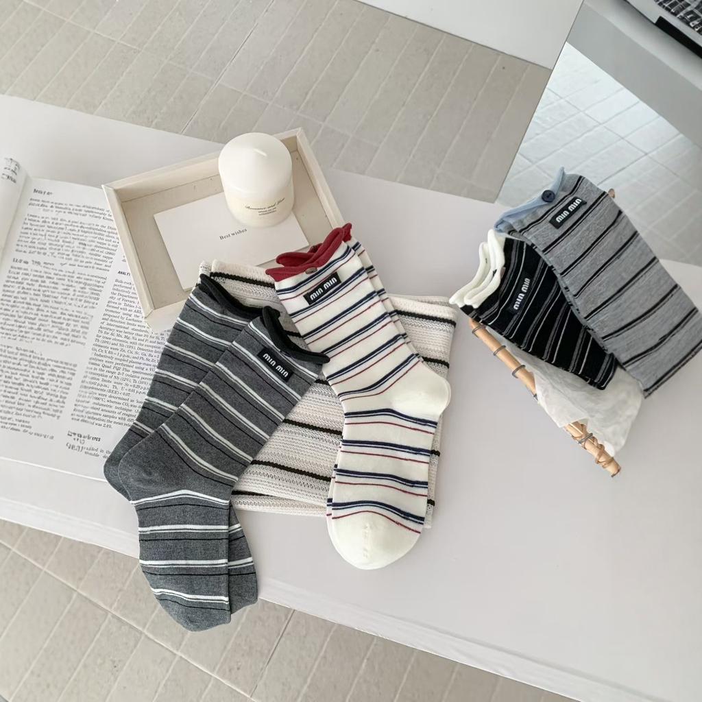 Early Autumn Socks Casual Stacking Socks Double Luo Mouth Thin Combed Cotton High Value Medium Tube Striped Socks Children