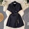 Niche design sense retro suit lapel short-sleeved dress women's summer lace-up waist and thin temperament casual skirt
