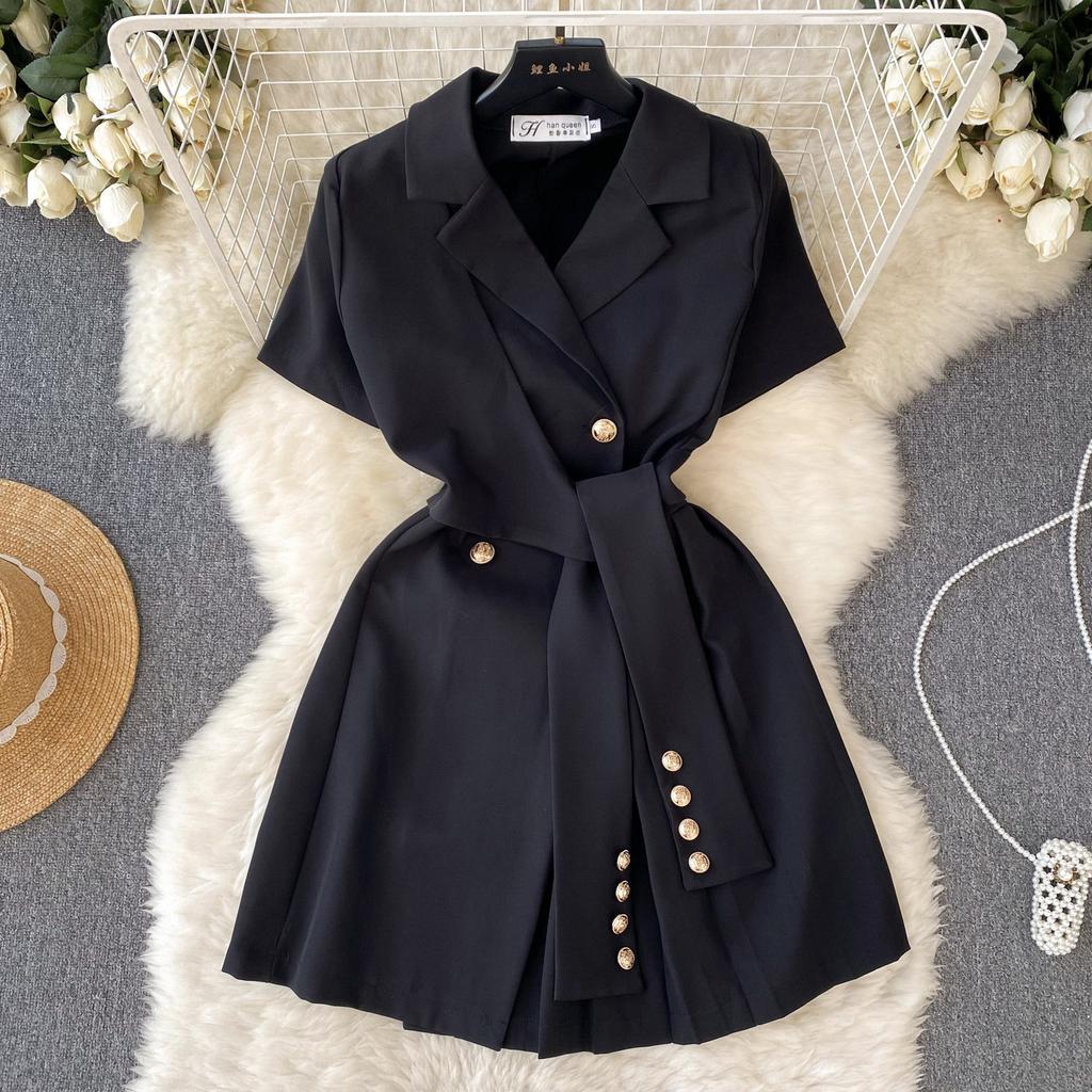Niche design sense retro suit lapel short-sleeved dress women's summer lace-up waist and thin temperament casual skirt
