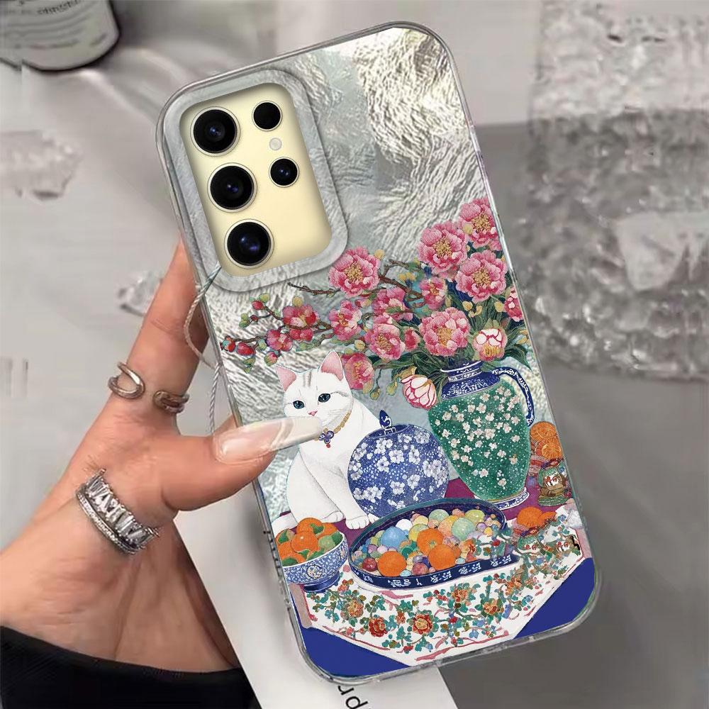 Retro Purple Cat Flower Women Girl Vortex Texture Phone Case for Samsung Galaxy S25 Edge S24 S23 S22 S21 S20 FE Plus Ultra Cover