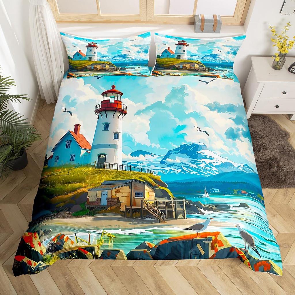 Ocean Beach Duvet Cover Full Lighthouse Comforter Cover Floral Butterfly Bedding Set for Adults Kids Summer Vacation Quilt Cover