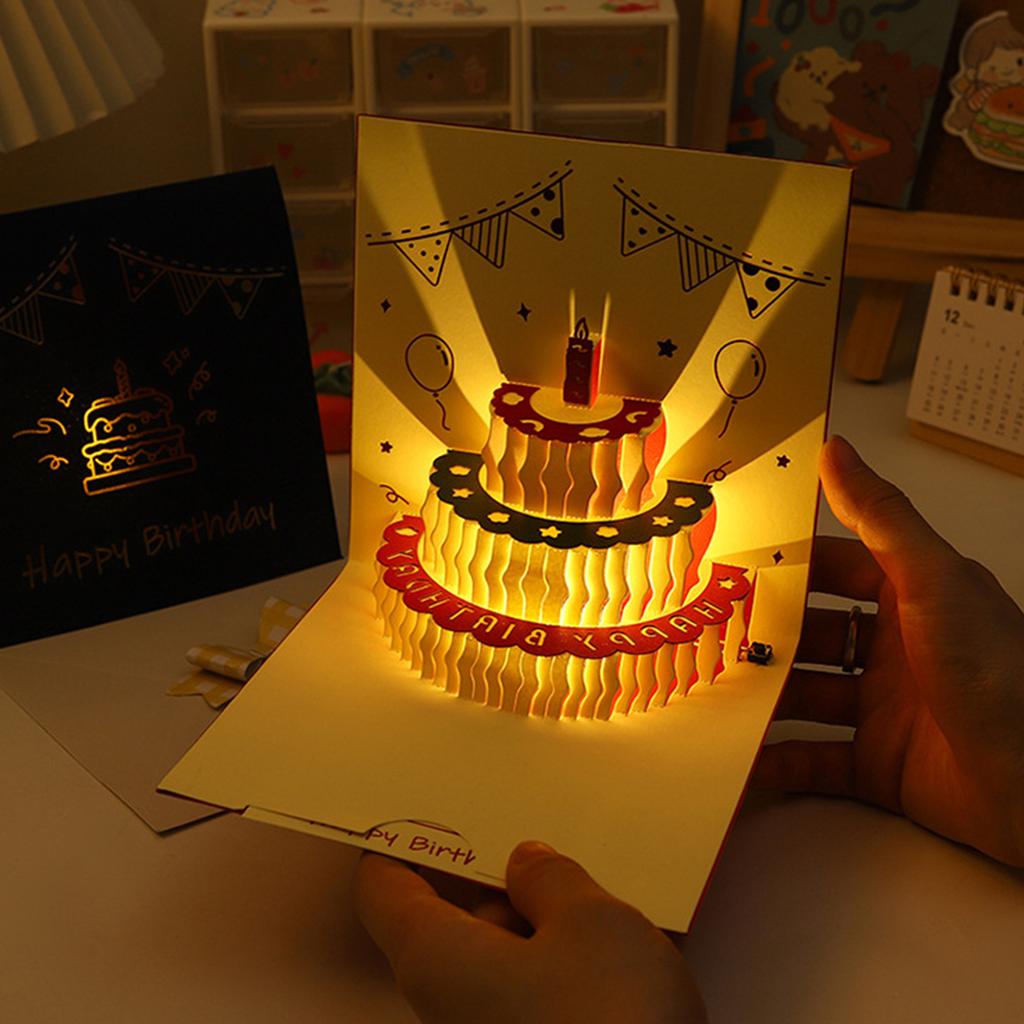 3D Pop up Happy Birthday Cake Led Light Foldable Paper Cards for Birthday