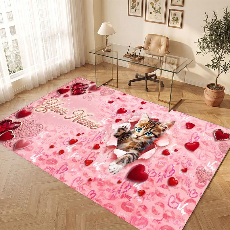 Cat Theme Crystal Velvet Floor Rug Personalized Custom Name Text Warm Carpet Home Decoration