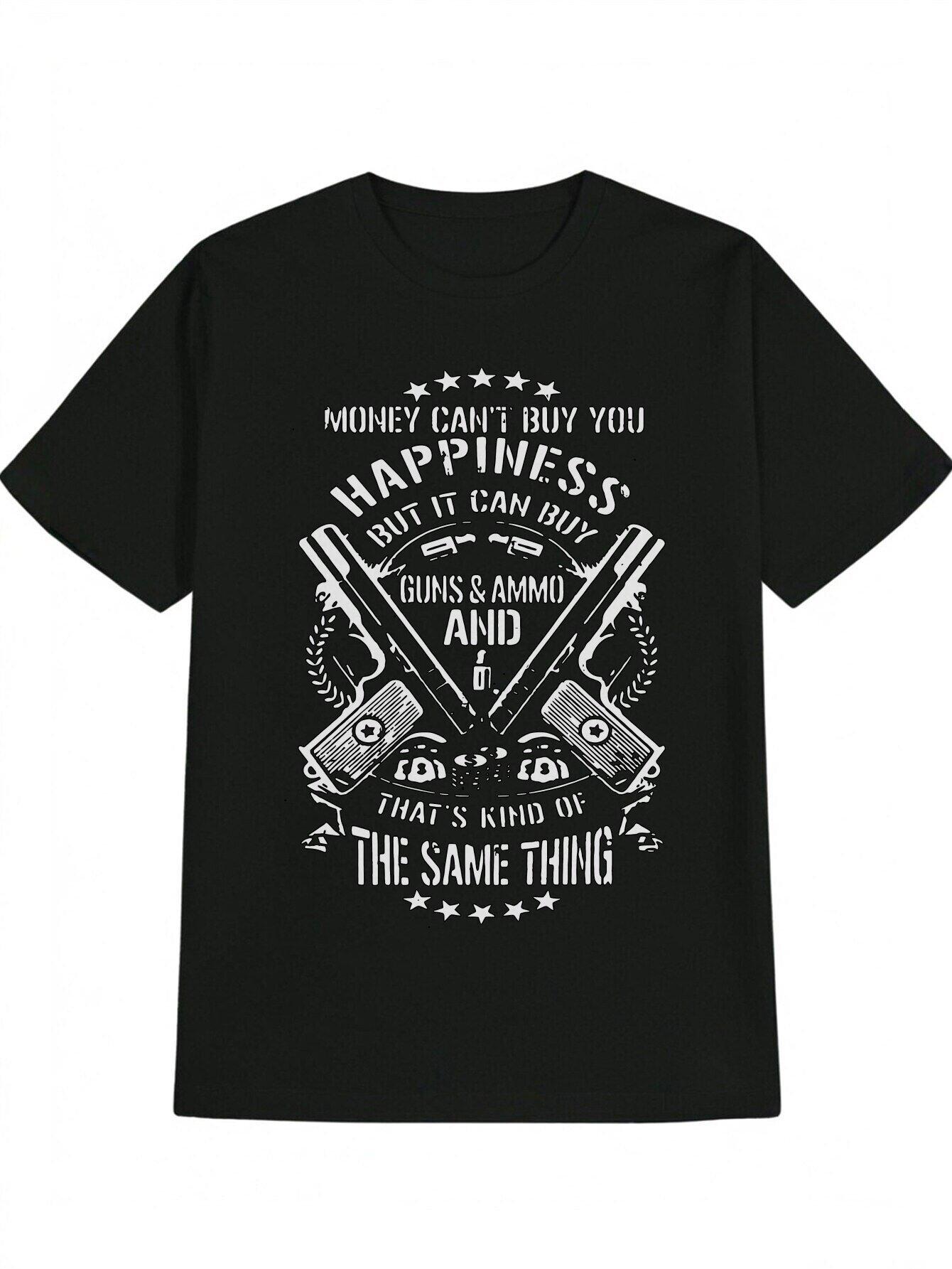 

Casual Graphic Tee - Black Polyester Round Neck T-shirt with Unique Gun & Text Print S