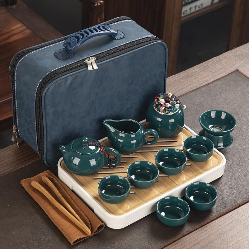 Travel ceramic Kung Fu tea set, tea tray, a full set of portable storage bags, practical business gifts for customers