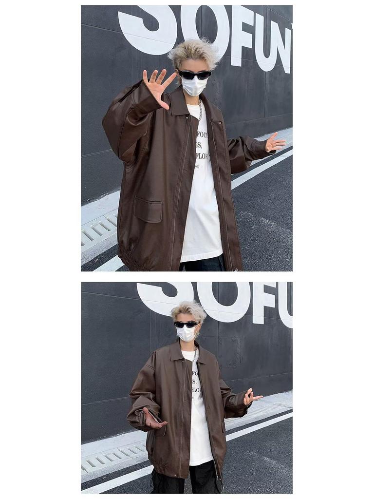 Men's Trendy PU Leather Motorcycle Jacket – Spring/Autumn, High-End Look, Handsome Casual Loose Fit, Lapel Design.