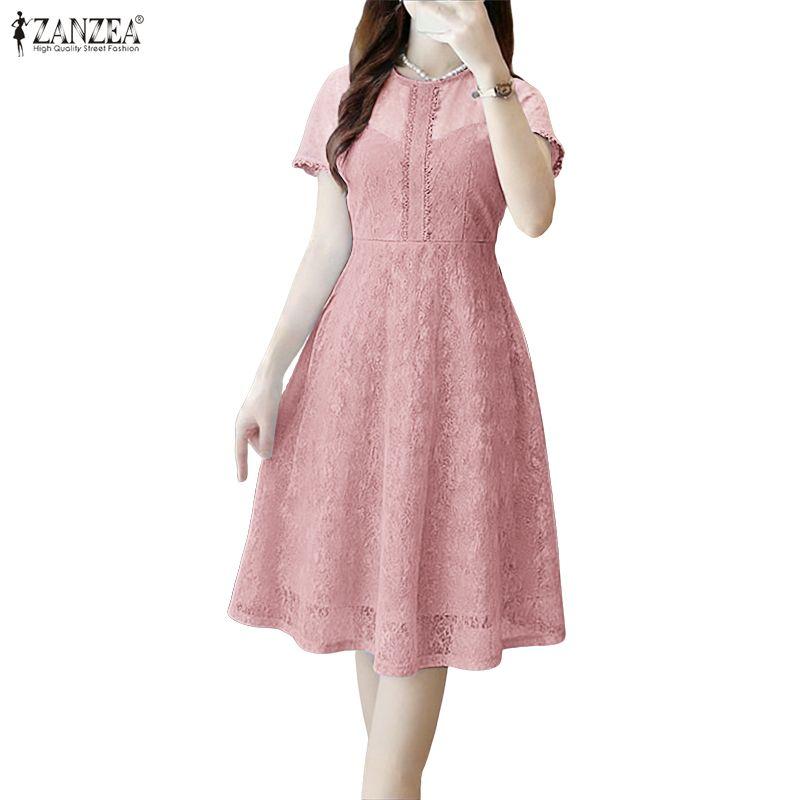 ZANZEA Vestido Feminino Casual de Verão com Gola Redonda, Manga Curta e Renda
