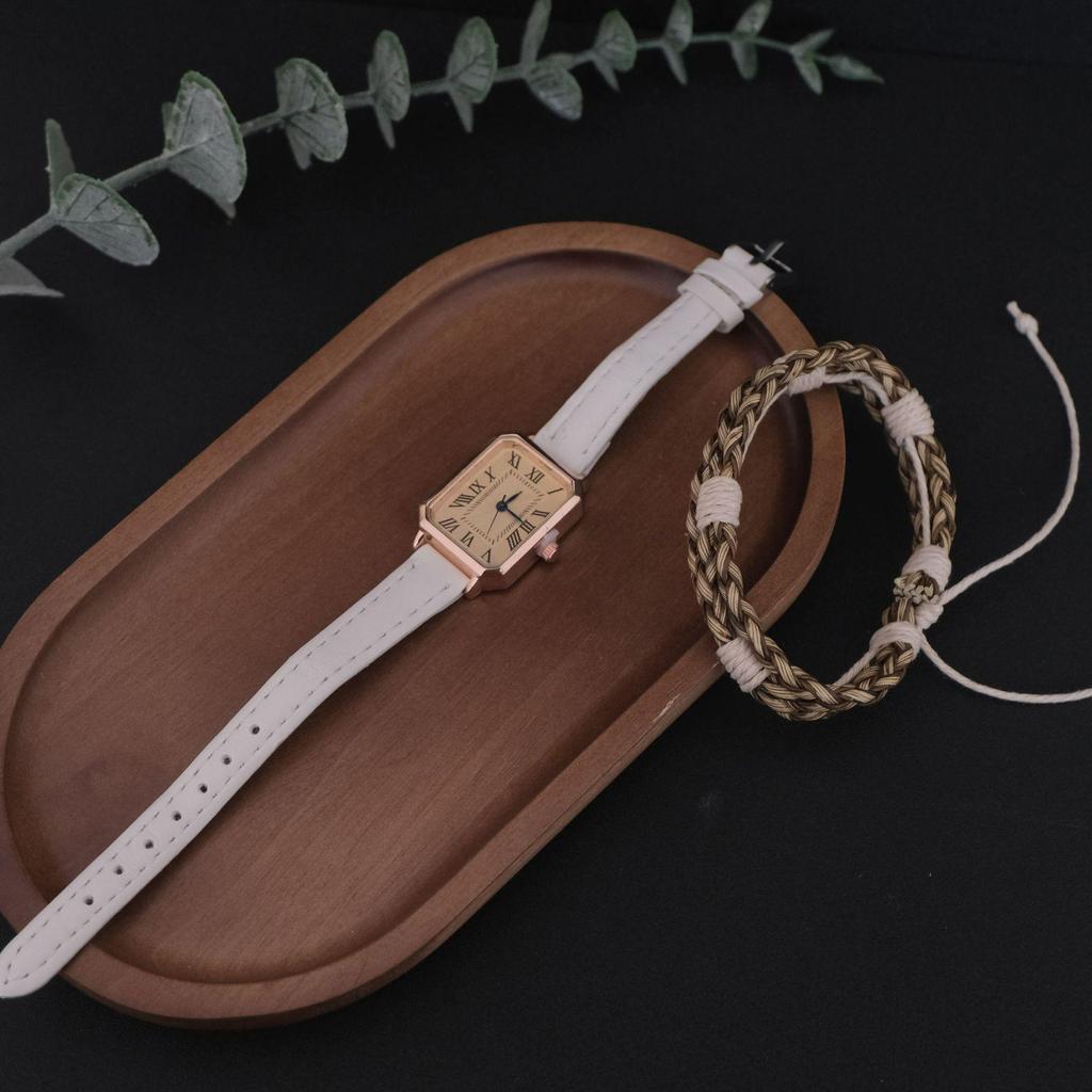 Roman-Style Ladies Square Dial Quartz Watch with Cowhide Strap