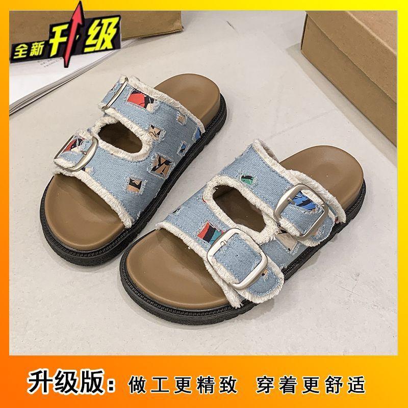 Fashion versatile retro casual double slippers women's flat bottom round head open toe cool slippers women's 2025 summer new