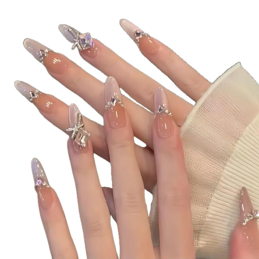 Sweet Desire Princess Cat Eye Rhinestone French Nails - Medium-Long, Handmade, Detachable