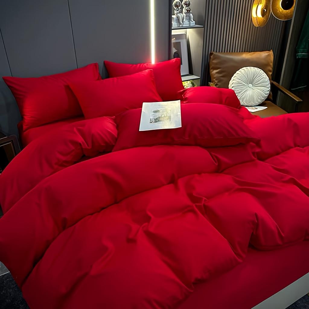 Set de pat de nuntă mare roșu din patru piese, bumbac spălat, simplu, culoare solidă, husă de pilotă