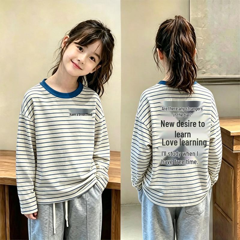 Striped Long-Sleeve Color Block T-Shirt for Girls - Casual Spring/Autumn Round Neck Base Layer Top