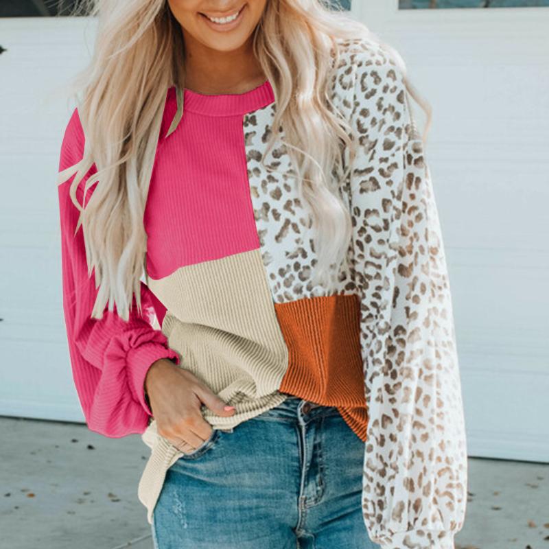 Herbst und Winter Neu Leopard Print Gestricktes Freizeitshirt Damen Langarm Tops Vintage Lockere Bluse für Damen Mode Elegant Damenblusen 25786
