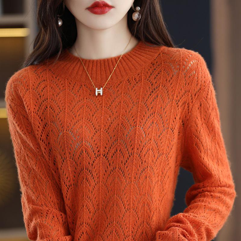 2026 Spring/Autumn Women's Solid Color Knitted Pullover: Half-High Collar, Long Sleeve, Hollow Out, Loose Fit, Stylish Base Layer Sweater