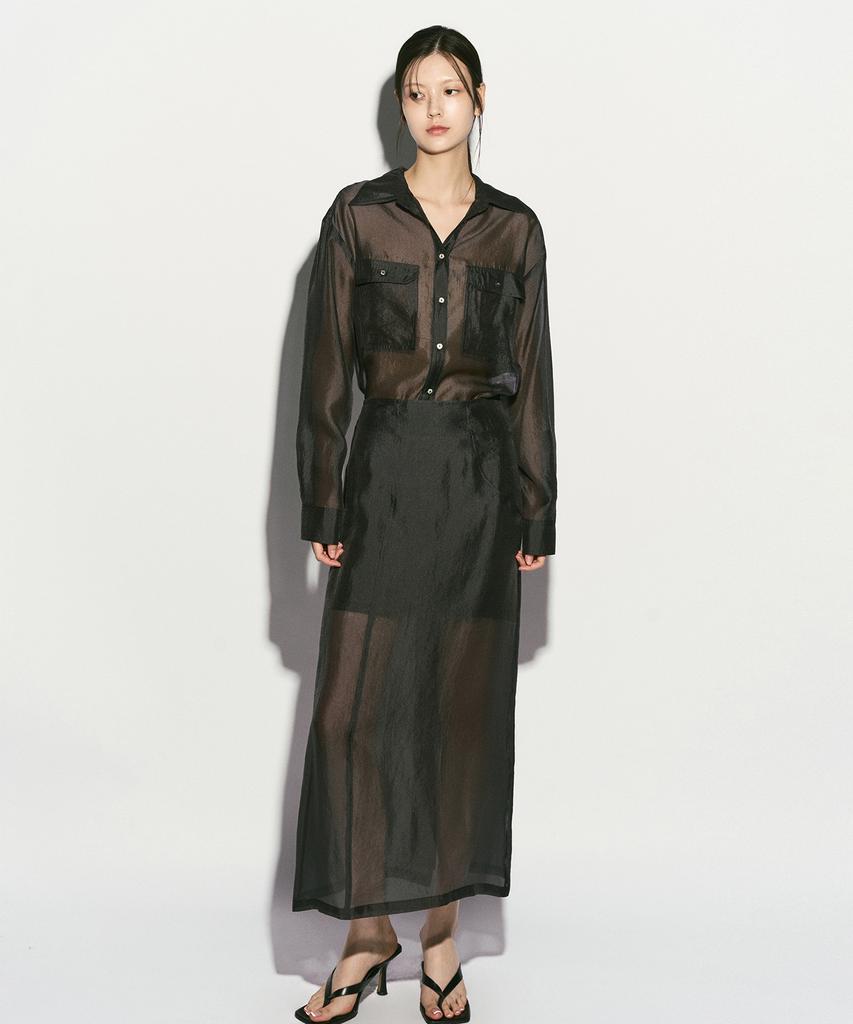 RE RHEE Sheer Cupro Maxi Skirt Midnight Navy