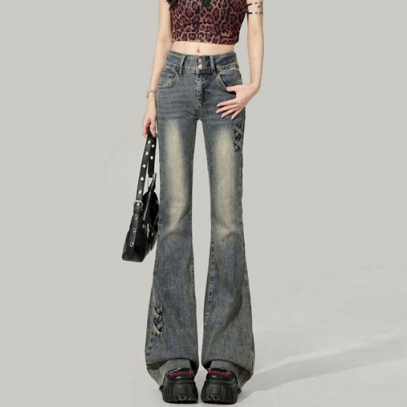 

High-Waisted Slim Flare Jeans for Women - Plus Size, Retro Double-Button, Elastic, Long Pants for Spring, Summer, Autumn M