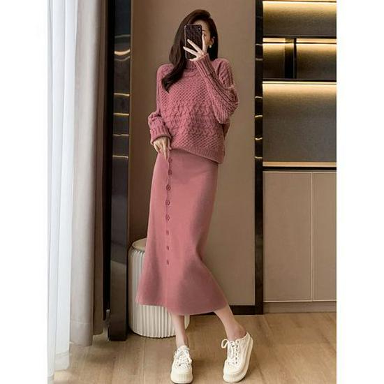 

Wool Women s Fashion Two-Piece Set: Autumn/Winter Sweater & Midi Skirt Medium розовый