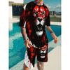 Men's 2pcs Lion Print Athletic Set - Breathable Quick-Dry T-Shirt & Shorts with All-Over Red Lion Design, Black/White Contrast - Gym