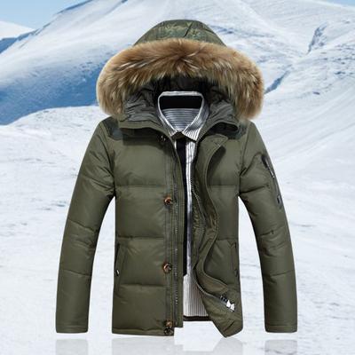 Herren Daunenjacke Pelzkragen Kapuze Kordelzug Langarm Einfarbig Winter