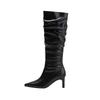 2025 New Autumn and Winter Black Pointed Head Thin Heel High Heel Fashion Boots Retro Tall Babe Wrinkled Boots Women