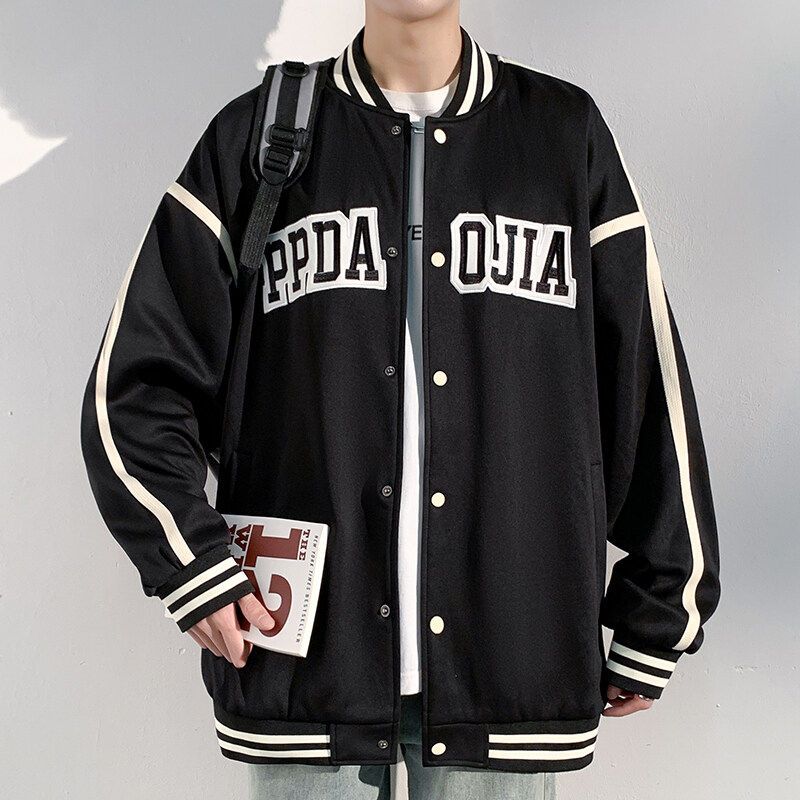 Fornines Men s Letter Embroidery Casual Stand Collar Jacket Men s Fornines 49Th Day Baseball Jacket Black XL