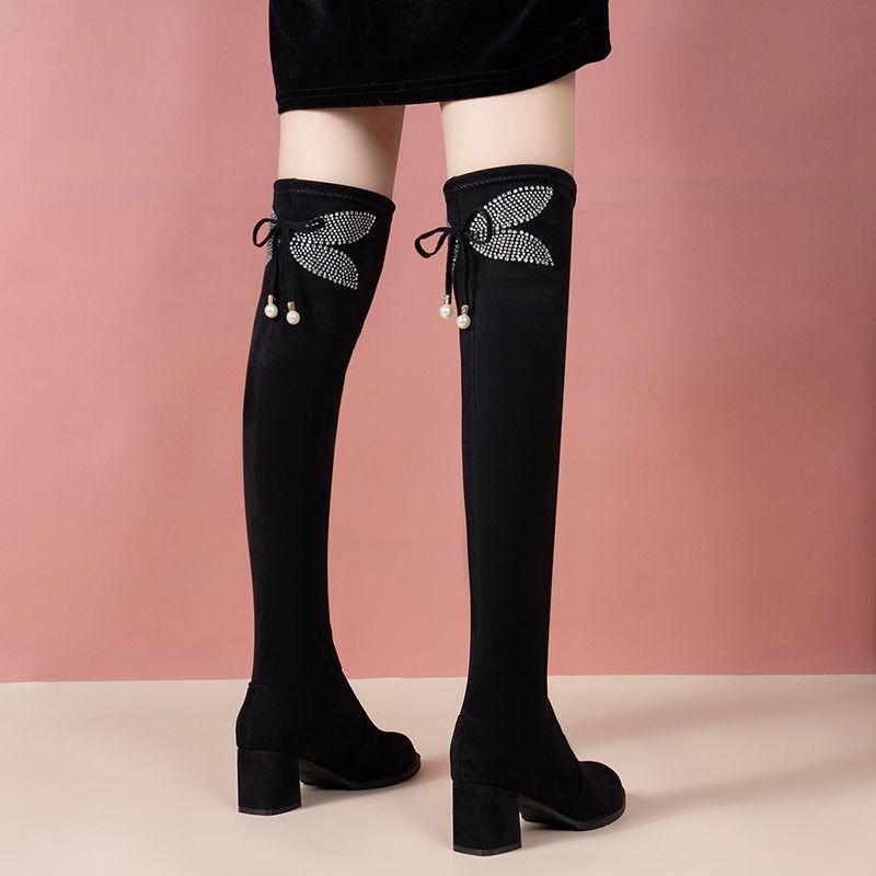 Fashion Elegant Heeled Rhinestone Round Toe Above Over The Knee Shoes Woman Autumn Winter Fleece-Lined Black Thigh High Boots for Women