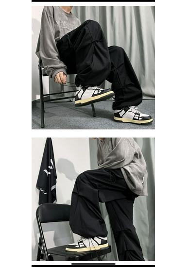 American Style Men's Workwear Casual Wide-Leg Pants with Drawstring and Cuffed Hem