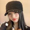 Women S Black Flat Top Beret Hat With Rivets Vintage Street Style Washable Casual