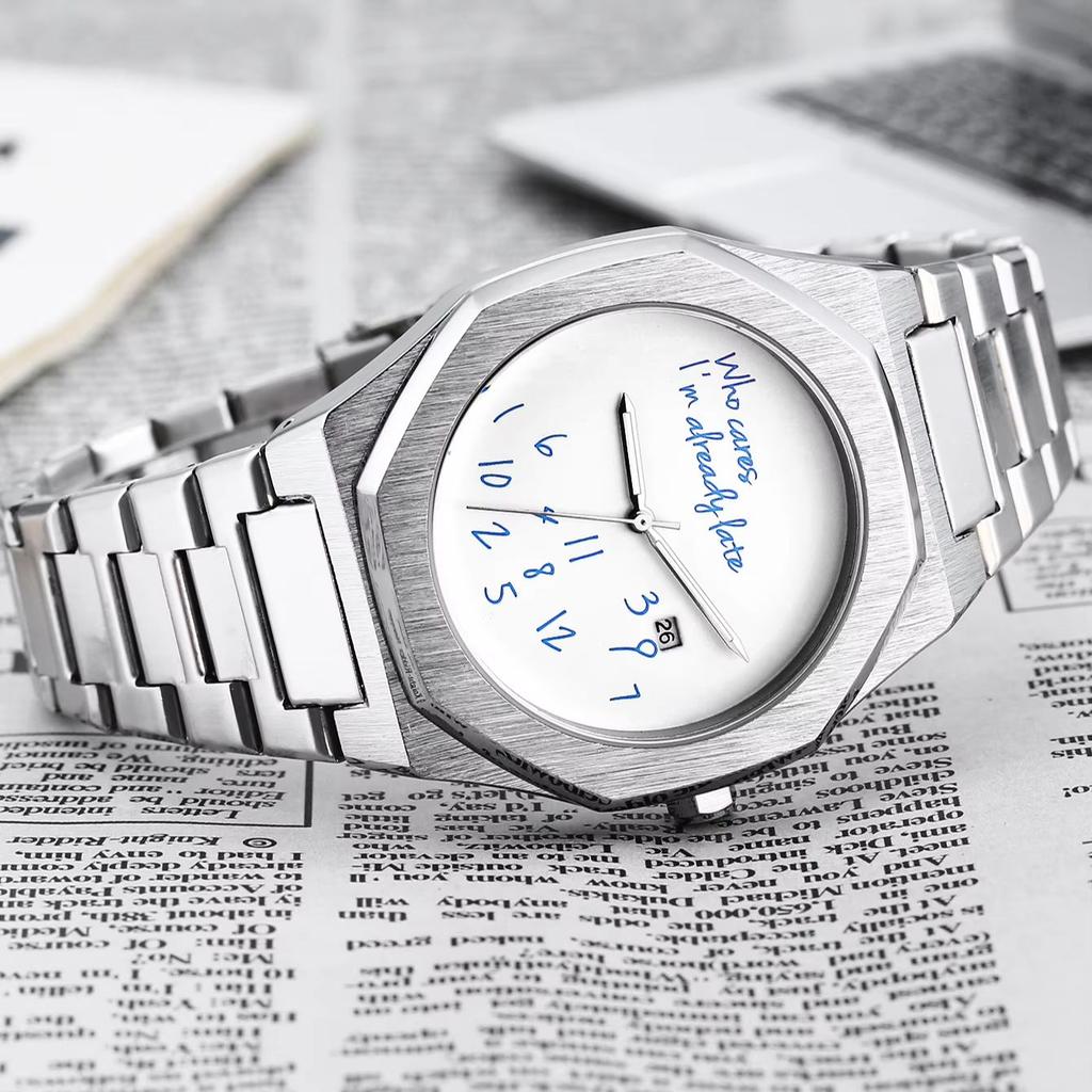 Minimalist Aesthetic Octagonal Watch Creative And Humorous "Who Cares If I'm Already Late" Printed Dial Casual Daily Watch