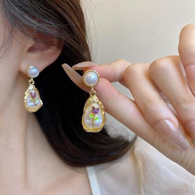 Baroque Imitation Pearl Flower Waterdrop Dangle Earrings for Women Painting Style Elegant Punk Simple Jewelry Trend Accessories