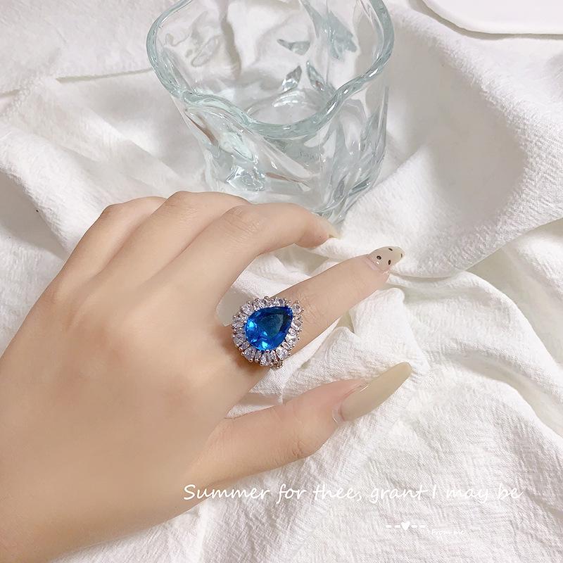 Luxury Women's Adjustable Deep Blue Zircon Water Drop Ring with Full Diamond Inlay – Elegant Haute Couture Style