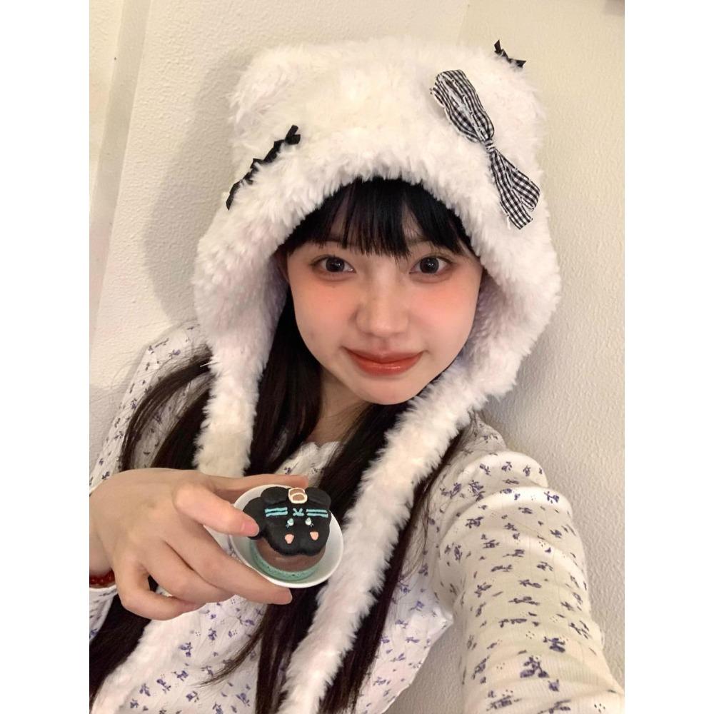 Bonnet d'hiver plus polaire mignon ours en peluche chaud bonnet d'oreille chapeau tricolore pour filles