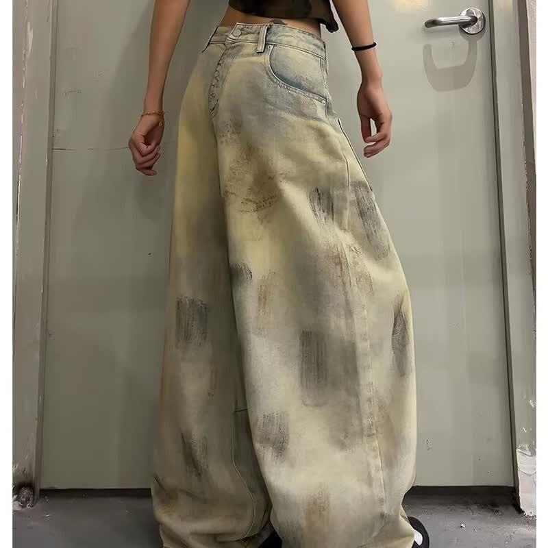 Womens Relaxed Fit Distressed Washed Denim Jeans - Loose Straight Leg Wide Cut Mid-Rise Cotton Blend Vintage Style