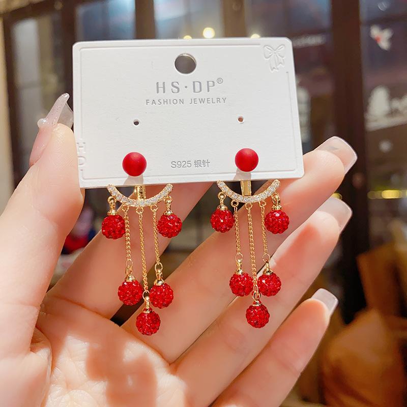 Red Pearl Diamond Ball Back Hanging Stud Earrings Women'S Two-Wear Design Versatility Earrings