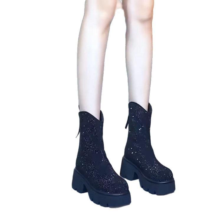 Autumn and winter new round-headed short boots women's full diamond rear zipper short fashion boots thick-soled non-slip high-heeled Martin boots