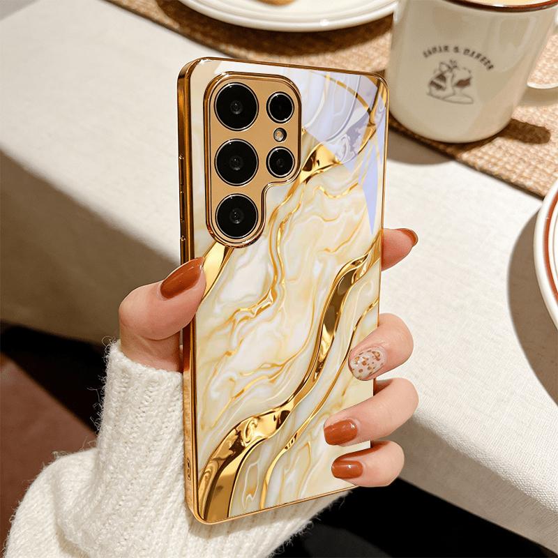 Gold Agate Texture Electroplated Golden Phone Case For Samsung Galaxy S25 S24 S26 S23 S22 S21 S20 Ultra Plus FE S26 Glass Cover