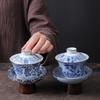 160ml Chinese Ceramic Gaiwan Teacup Handmade High-footed Blue and White Porcelain Tea Tureen Travel Portable Tea Bowl Teaware