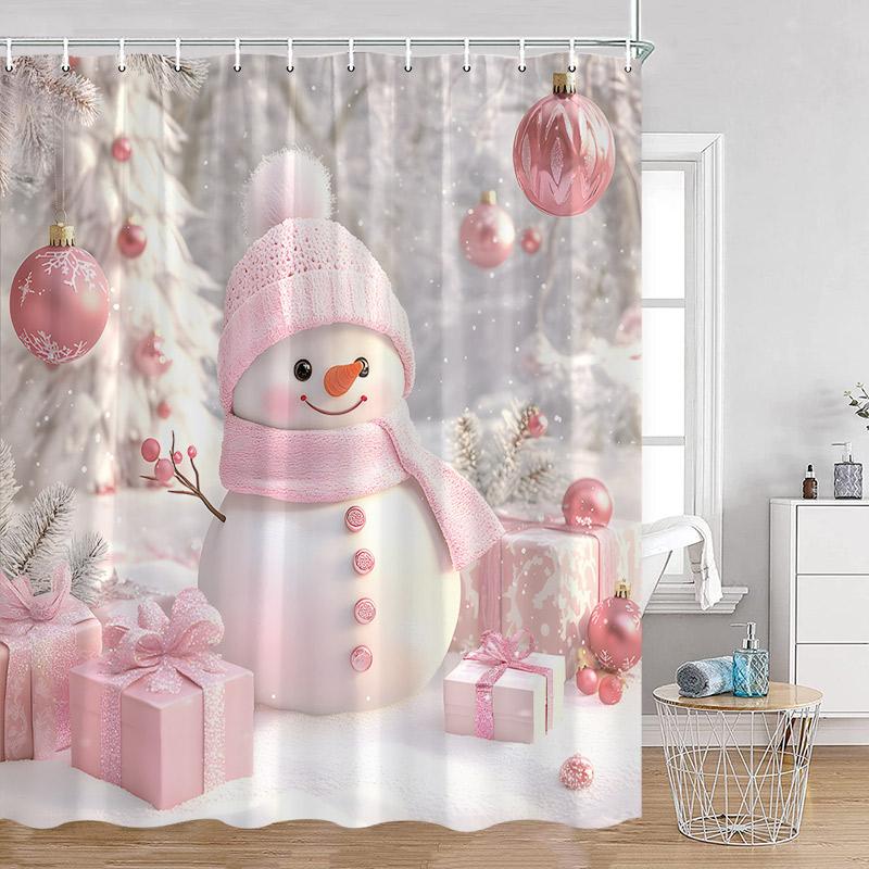 Cute Snowman Christmas Shower Curtain Winter Forest Xmas Trees Snow Lights New Year Home Bathroom Decor Bath Curtains With Hooks