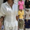 Women Solid Color Turn Down Collar Short Sleeve Shirt Elegant Ruched Waist Flounce Hem Casual Top