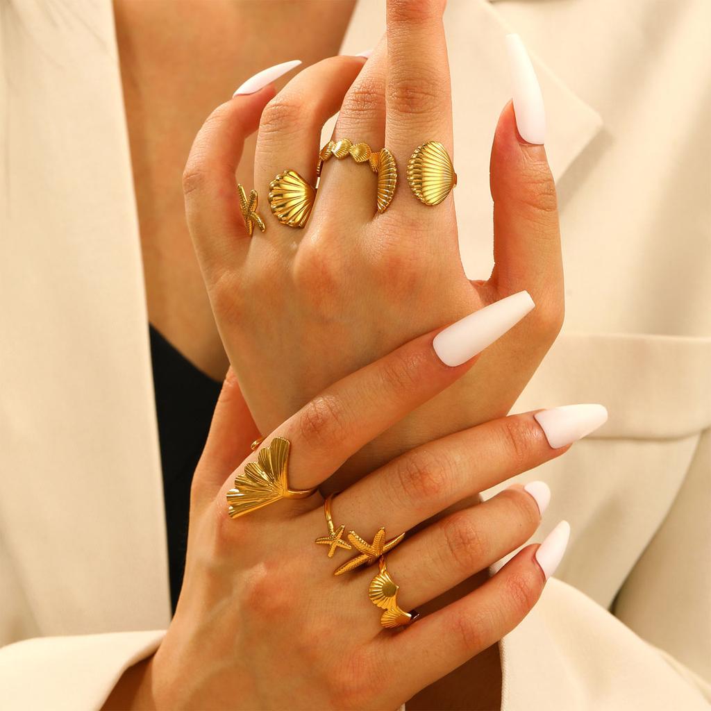 6Pcs High Quality Ocean Starfish Conch Shell Ring Set for Women New Trend Open Finger Rings Stainless Steel Jewelry Party Gift