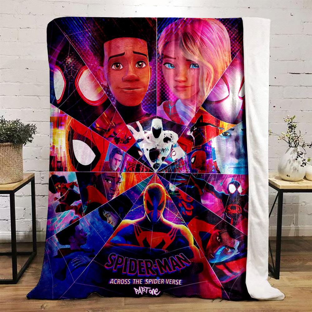 A vibrant collage of Spider-Man variations with web-like geometric design. for all seasons blanket lunch break throw gift
