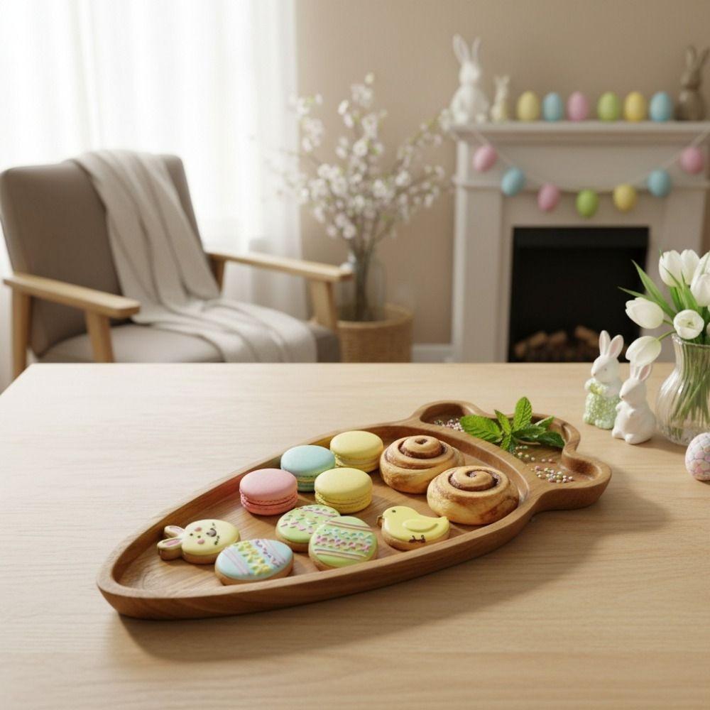 Wooden Easter Egg Shape Tray Cartoon with Compartments Food Display Plate Durable Decorative Bunny Snack Serving Tray Jewelry
