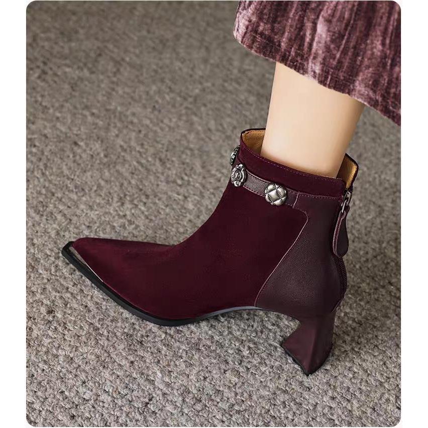

French Retro Matte Leather High Heel Ankle Boots with Velvet for Autumn/Winter - Unisex Plus Size in Red or Black, Hong Kong Style Warranty