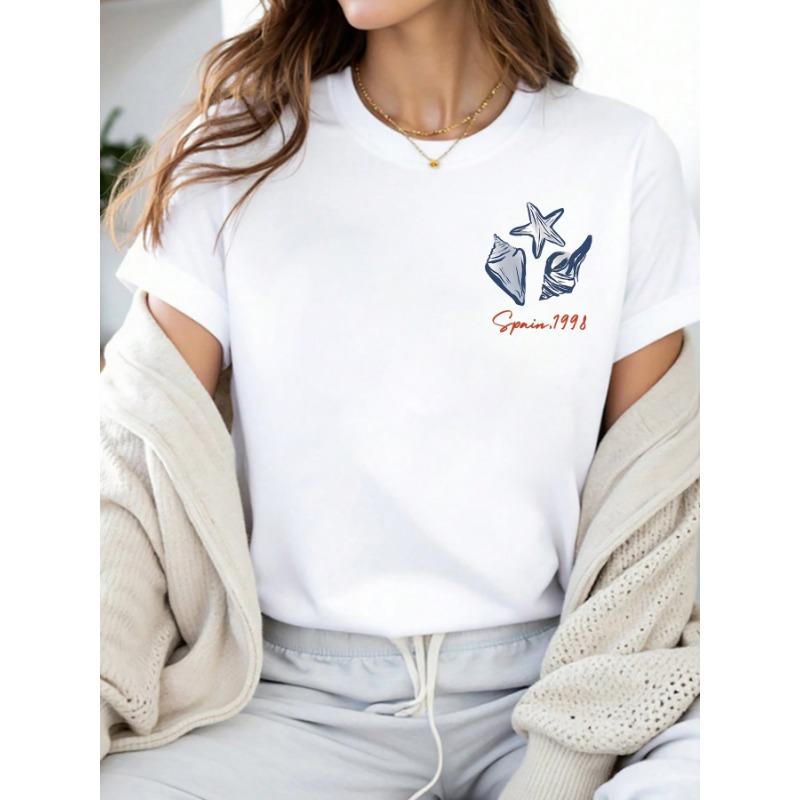 Sea star shell Plus size women's round neck short sleeve T-shirt with elastic half sleeves and trendy prints
