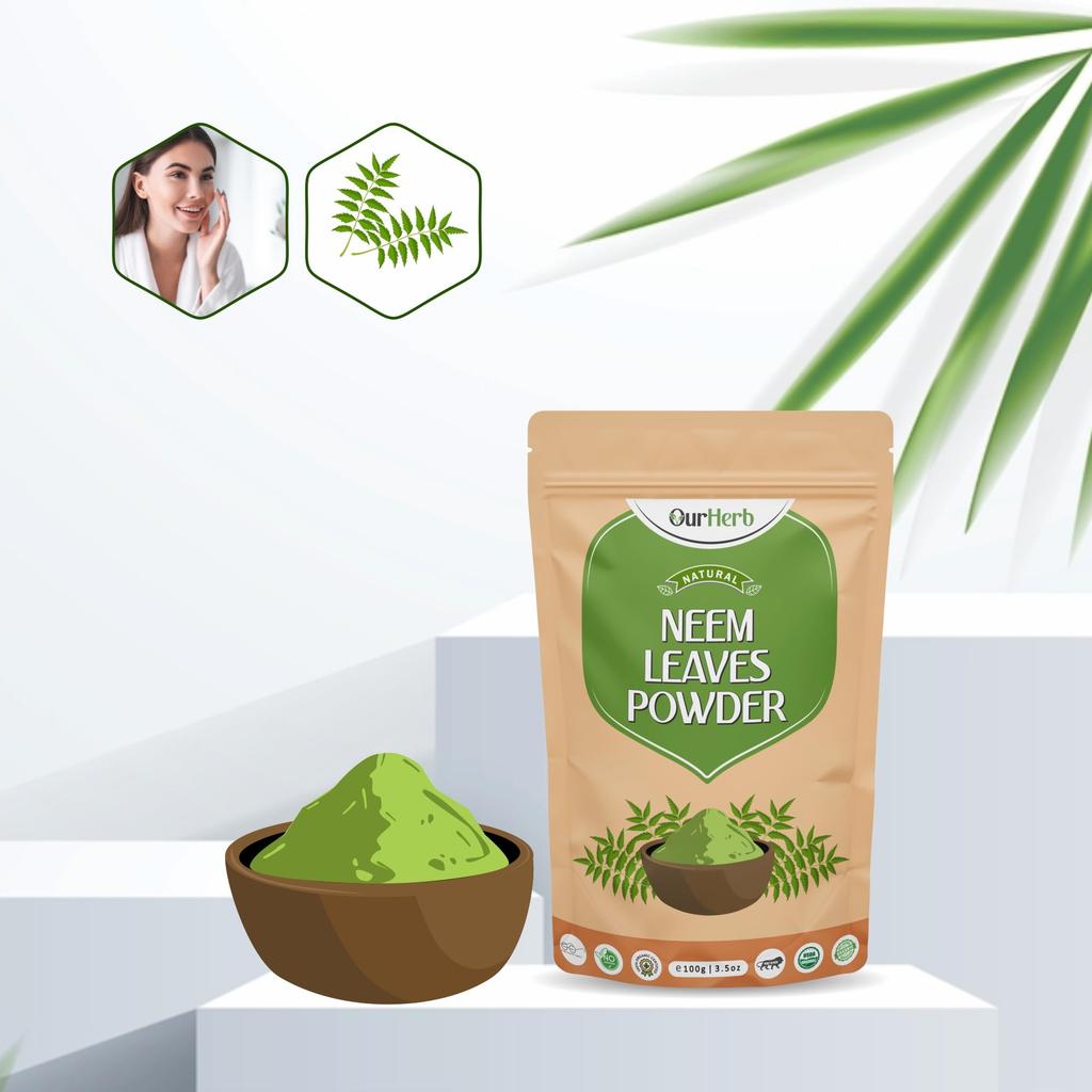 OurHerb® Neem Leaves Powder, 100g (3.5 Oz), For Face Pack & Hair Care, Supports Clear Skin & Scalp Care, Pure & Natural Zipper Stand Pouch