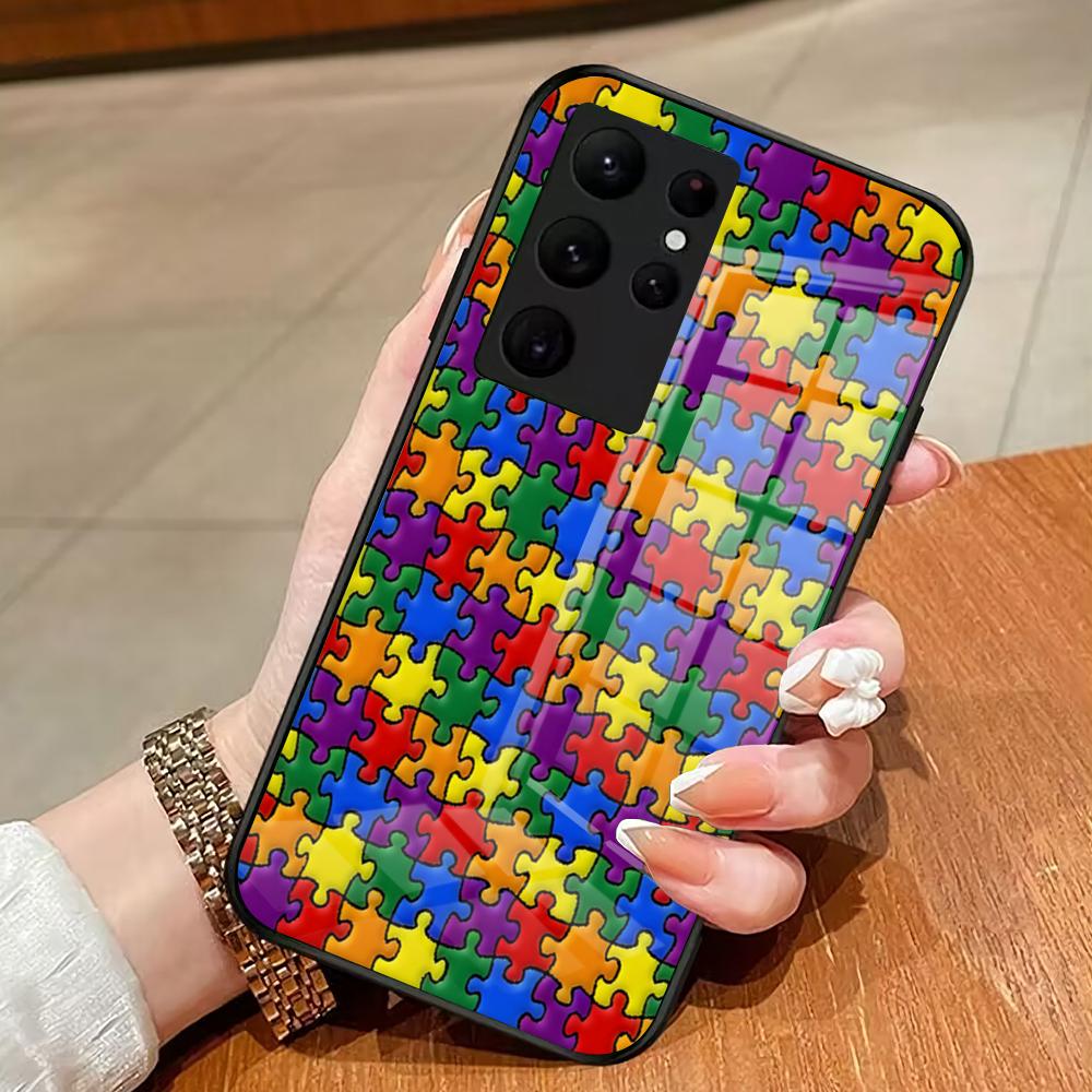 Autism Support Puzzle Phone Case For Samsung S26 S25 Edge Ultra 23 22 21 20 Ultra Plus S24 Fe Glass Cover