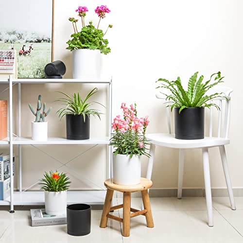 T4U Plastic Planter Set of 4 with Saucers, 10/12.5/15/17.5cm, Multiple Drainage Holes, Round, Modern Design, Suitable for Indoor and Outdoor Plants, H