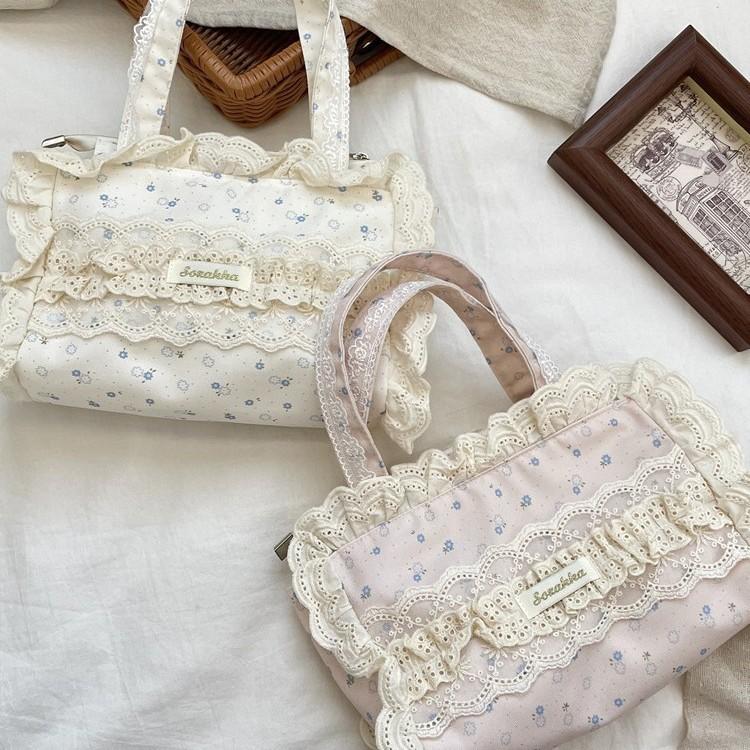 Lace Retro Flower Women's Canvas Shoulder Bags Vintage Floral Female Small Tote Bento Handbags Sweet College Girls Shopper Bag