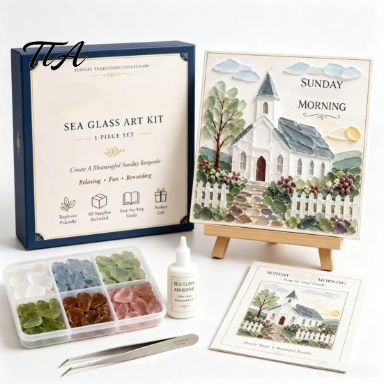 Sunday Traditions Sea Glass Art Kit Kit, DIY Mosaic Relaxing Craft Kits for Families Morning Adults Teens, Handmade Home Decor Desktop Ornament Set